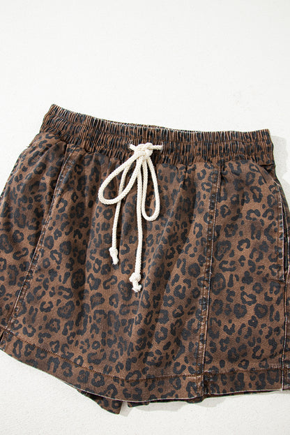 Brown Leopard Print Elastic Waist Drawstring Denim Skort - Cowaa