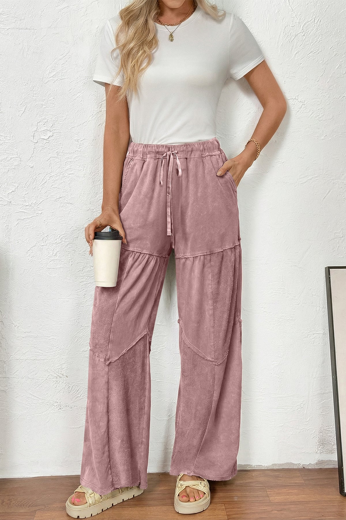 Straw Yellow Mineral Wash Tiered Wide Leg Patchwork Drawstring Pants - Cowaa