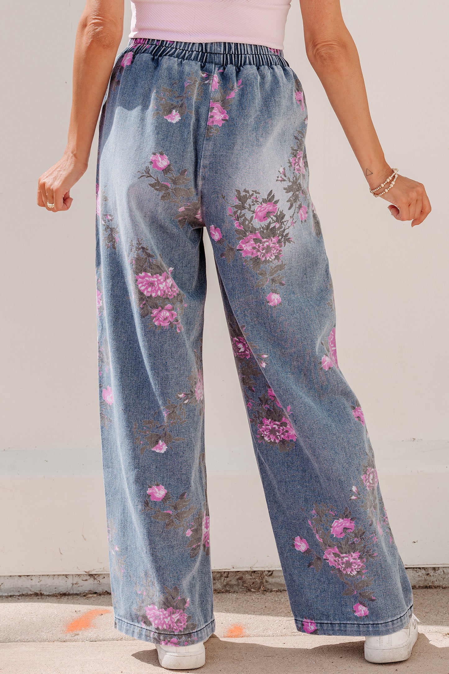 Beau Blue Floral Print Elastic Waist Pull On Casual Jeans - Cowaa