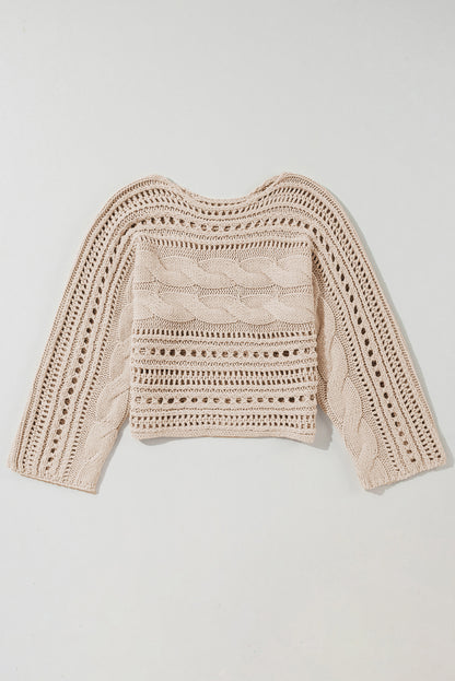 Beige Hollow-out Cable Knit Cropped Sweater