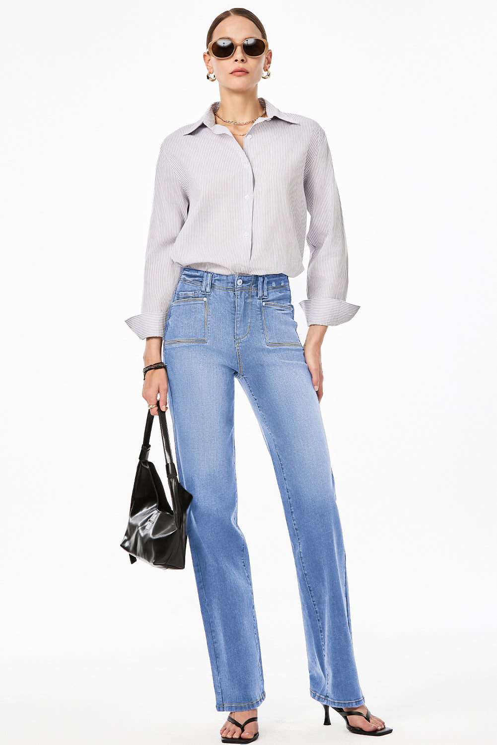 Dusk Blue Loose Straight Leg Cropped High Waist Jeans - Cowaa
