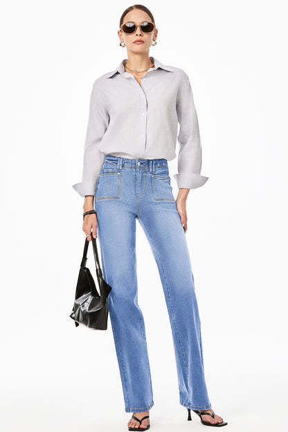 Dusk Blue Loose Straight Leg Cropped High Waist Jeans - Cowaa