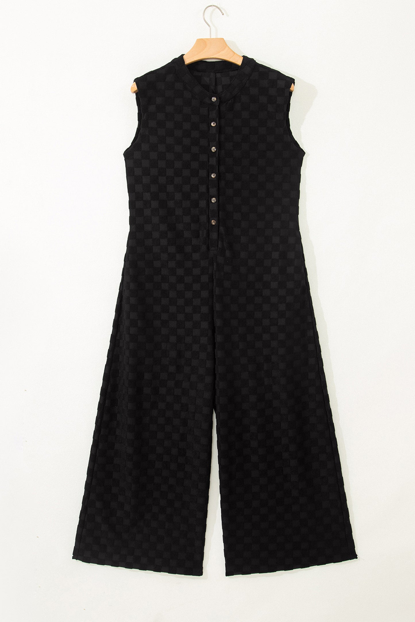 Black Half Buttons Sleeveless Wide Leg Textured Jumpsuit - Cowaa