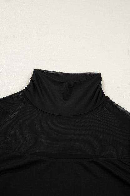 Black Sheer Mesh Patchwork High Neck Long Sleeve Top