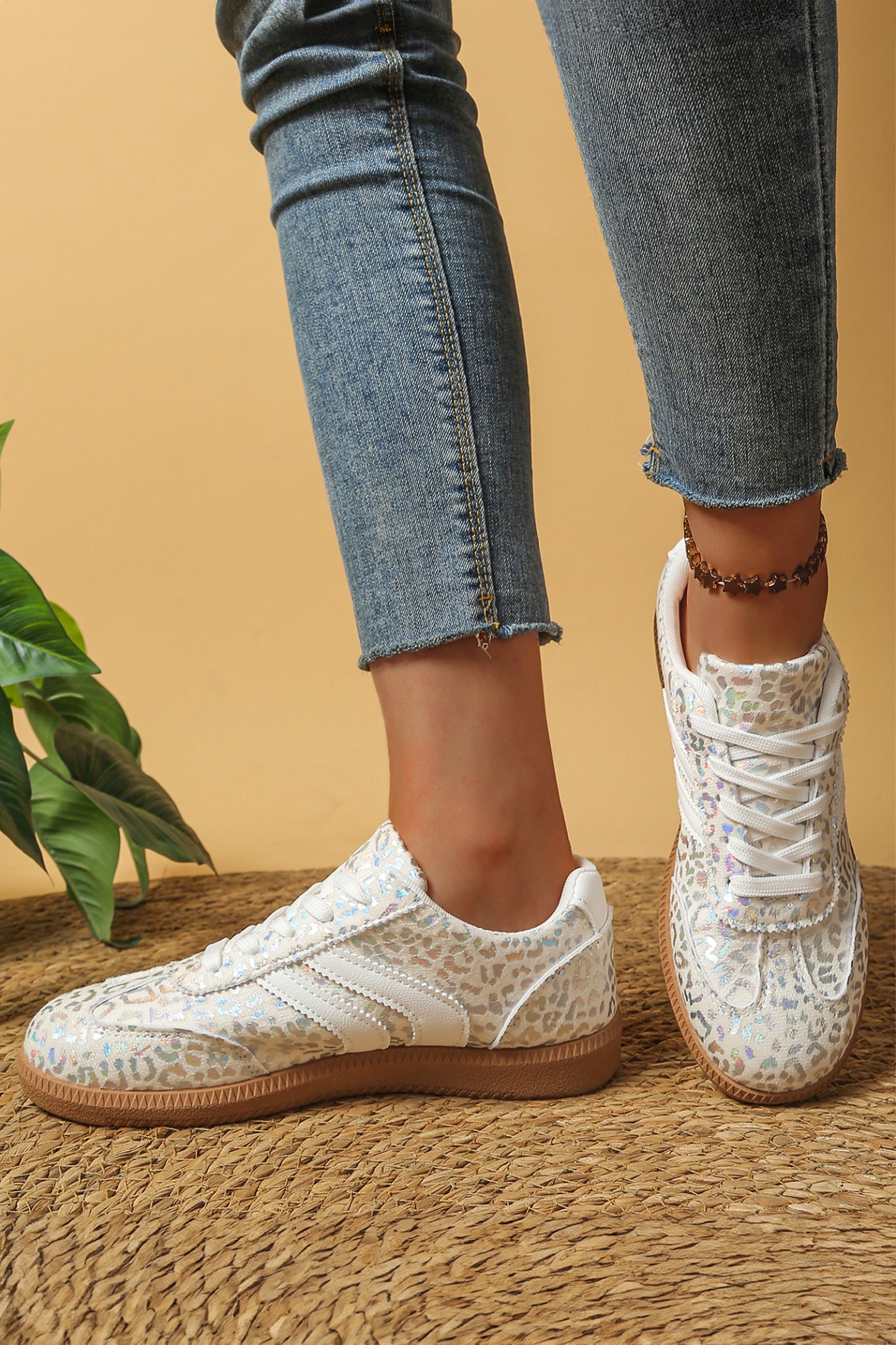 White PU Leather Detail Shimmer Leopard Printed Lace-up Sneakers - Cowaa