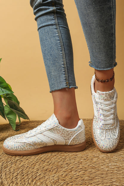 White PU Leather Detail Shimmer Leopard Printed Lace-up Sneakers - Cowaa