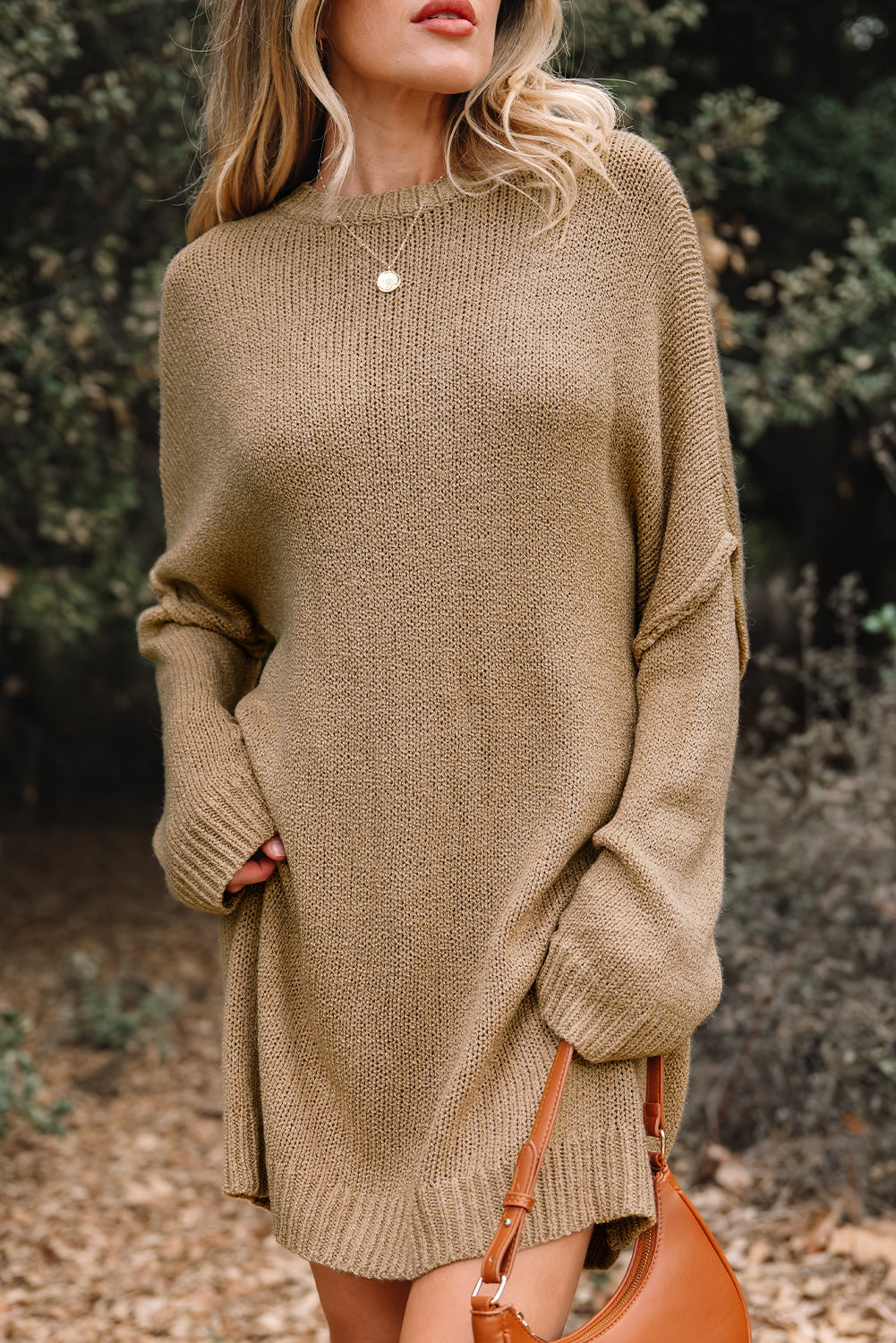 Pale Khaki Oversize Drop Shoulder Slouchy Sweater Dress - Cowaa
