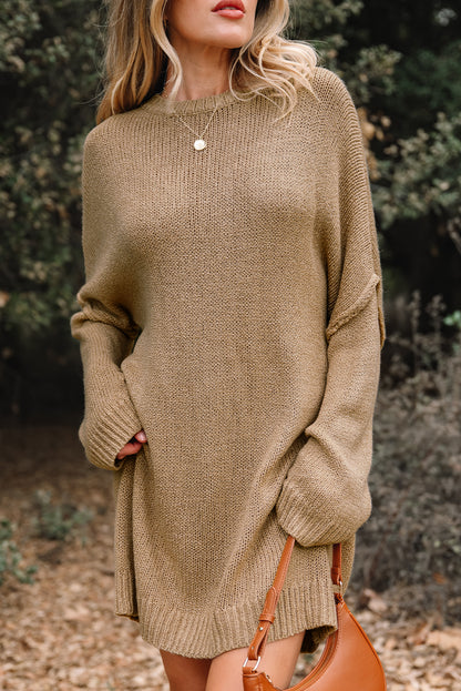 Pale Khaki Oversize Drop Shoulder Slouchy Sweater Dress - Cowaa