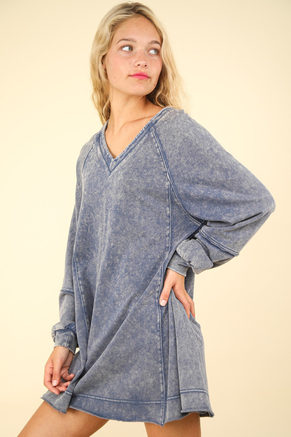 Mineral Washed Oversized A-Line Mini Dress - Cowaa