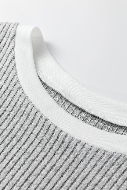 Gray Leopard Print Colorblock Patchwork Ribbed Knit Top - Cowaa