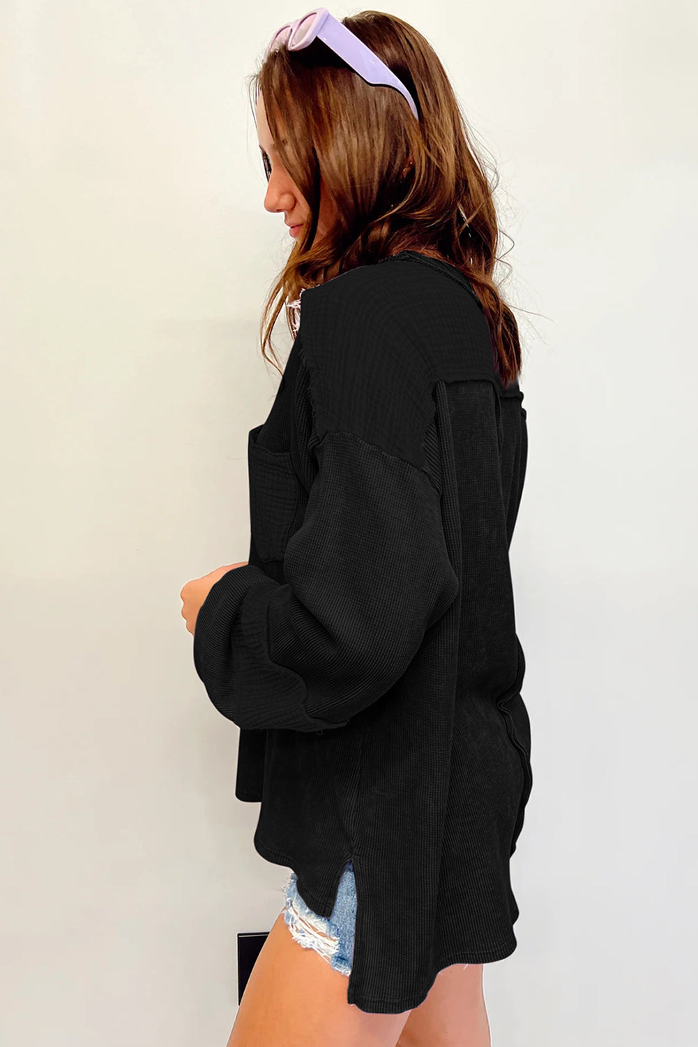 Crinkle Patchwork Long Sleeve Top - Cowaa