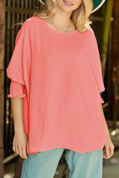 Apricot Solid Casual Smocked Cuffs Batwing Sleeve Blouse - Cowaa