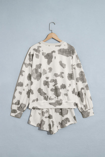 Gray Western Print Raw Hem Long Sleeve Top Drawstring Shorts Set