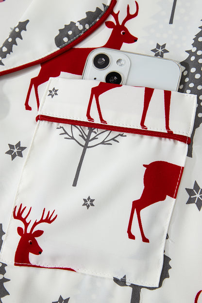 White Christmas Fashion Print Velvet Trim Bow Knot Pajama 2pcs Short Set