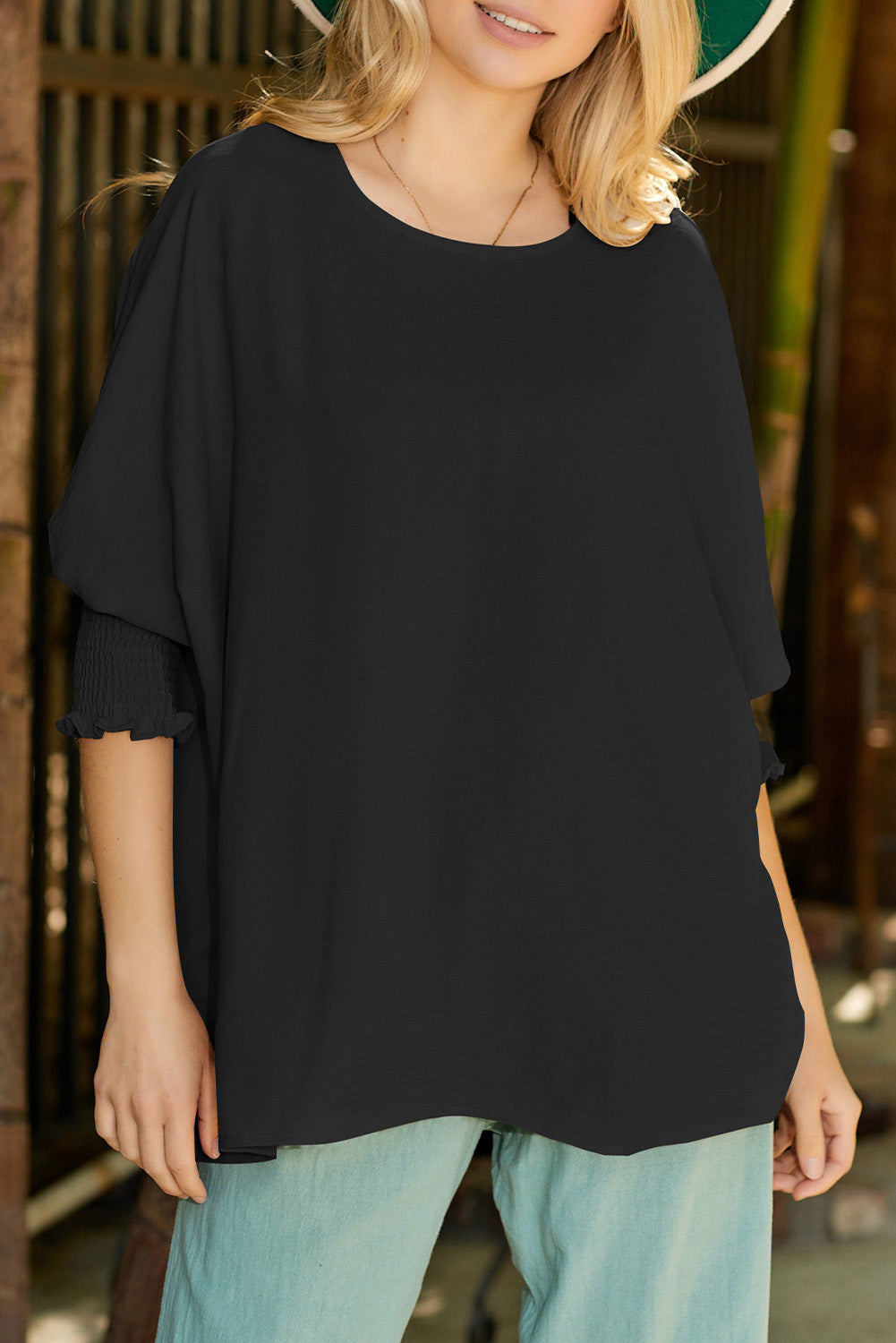 Apricot Solid Casual Smocked Cuffs Batwing Sleeve Blouse - Cowaa