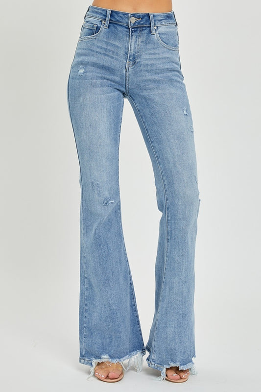 Risen Full Size High Rise Frayed Hem Flare Jeans - Cowaa