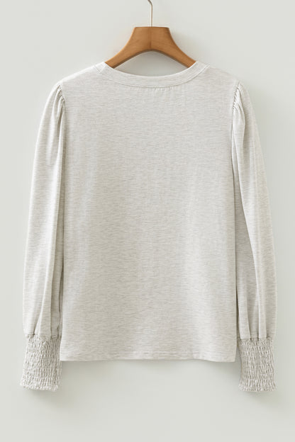 Oatmeal Shirred Cuffs Puff Sleeve Peasant Top - Cowaa