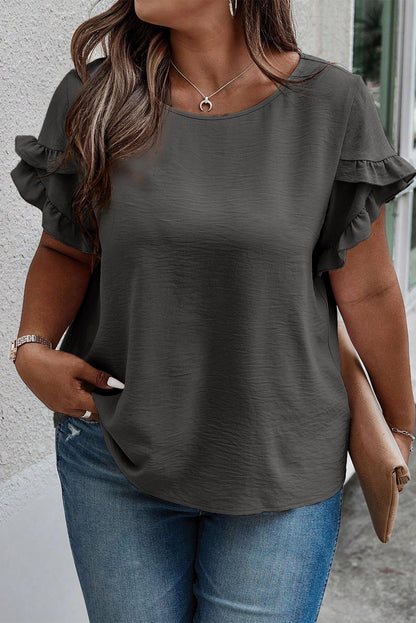 Black Ruffled Short Sleeve Plus Size Top - Cowaa
