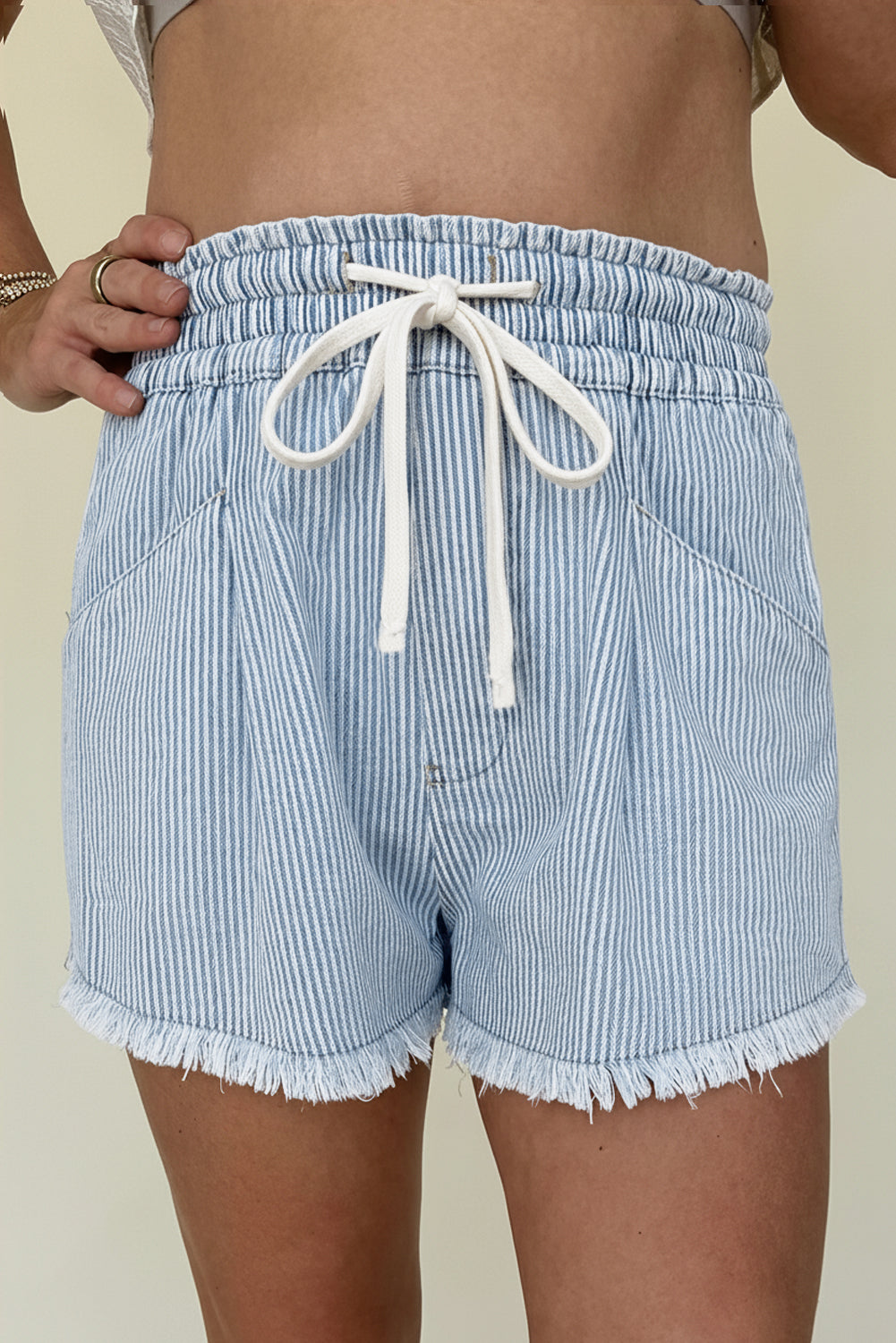 Sky Blue Stripe Raw Edge Drawstring Elastic Waist Casual Denim Shorts - Cowaa