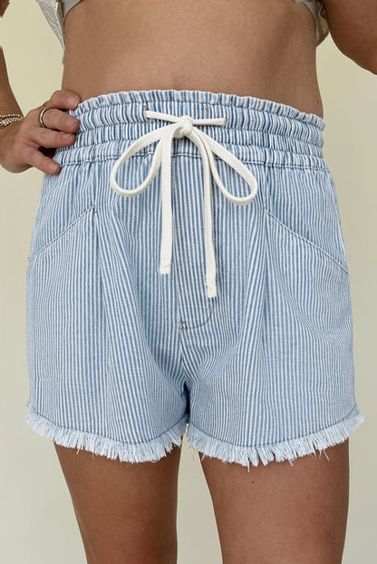 Sky Blue Stripe Raw Edge Drawstring Elastic Waist Casual Denim Shorts - Cowaa
