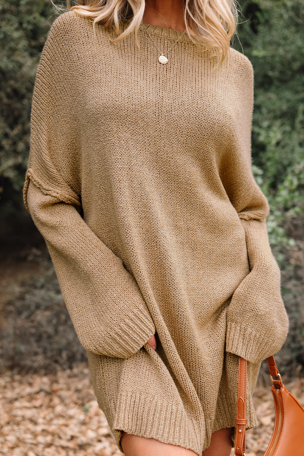 Pale Khaki Oversize Drop Shoulder Slouchy Sweater Dress - Cowaa