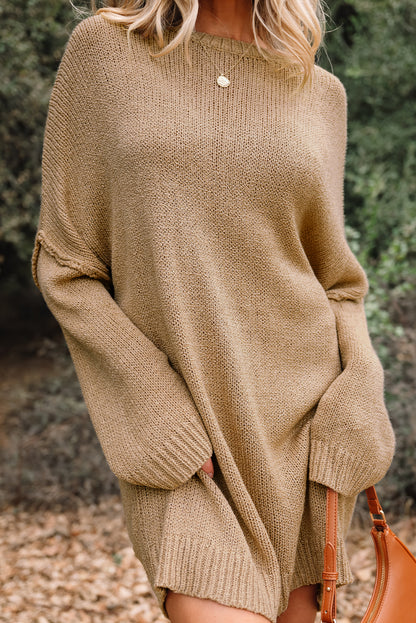 Pale Khaki Oversize Drop Shoulder Slouchy Sweater Dress - Cowaa