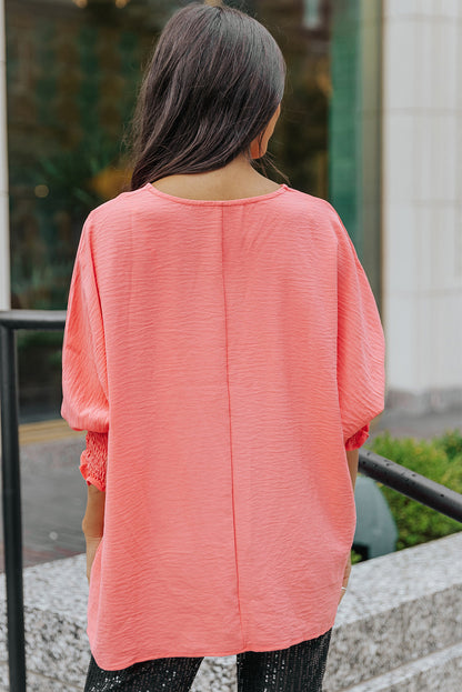 Apricot Solid Casual Smocked Cuffs Batwing Sleeve Blouse - Cowaa