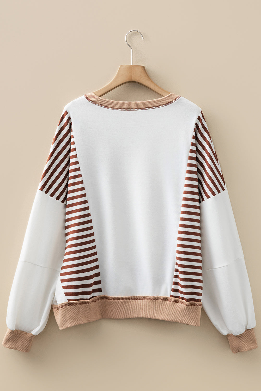 Brown Stripe Colorblock Patchwork Contrast Stitching Oversize Sweatshirt - Cowaa