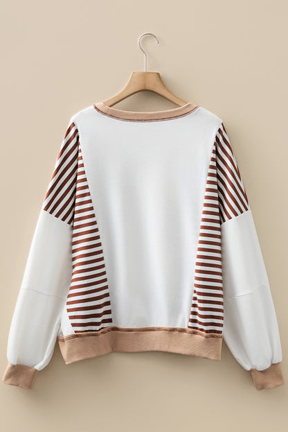 Brown Stripe Colorblock Patchwork Contrast Stitching Oversize Sweatshirt - Cowaa