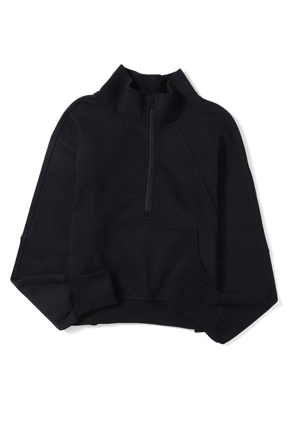 Brown Zip Up Stand Collar Thumbhole Sleeve Sweatshirt - Cowaa