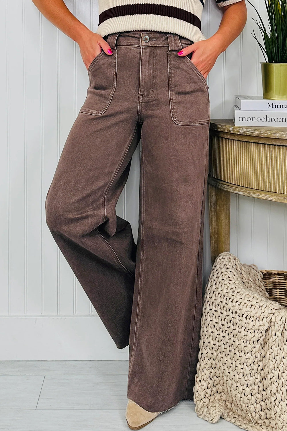 Dark Brown Retro Washed Patch Pocket Wide Leg Loose Jeans