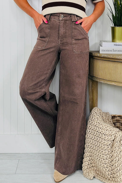 Dark Brown Retro Washed Patch Pocket Wide Leg Loose Jeans