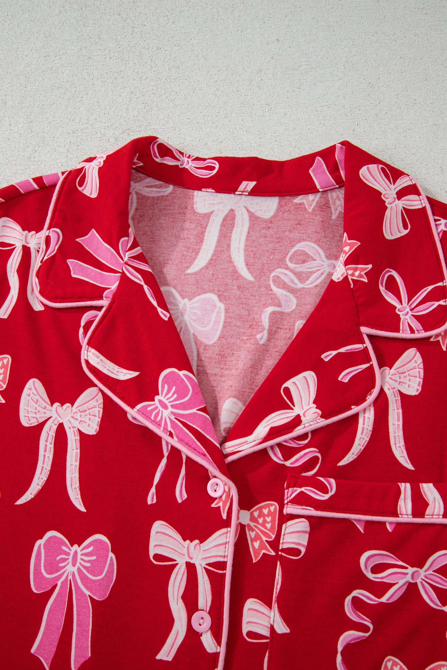 Red Sweet Bow Print Ruffled Short Sleeve Shirt Shorts 2pcs Pajama Set - Cowaa