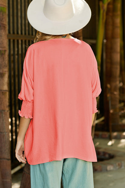 Apricot Solid Casual Smocked Cuffs Batwing Sleeve Blouse - Cowaa