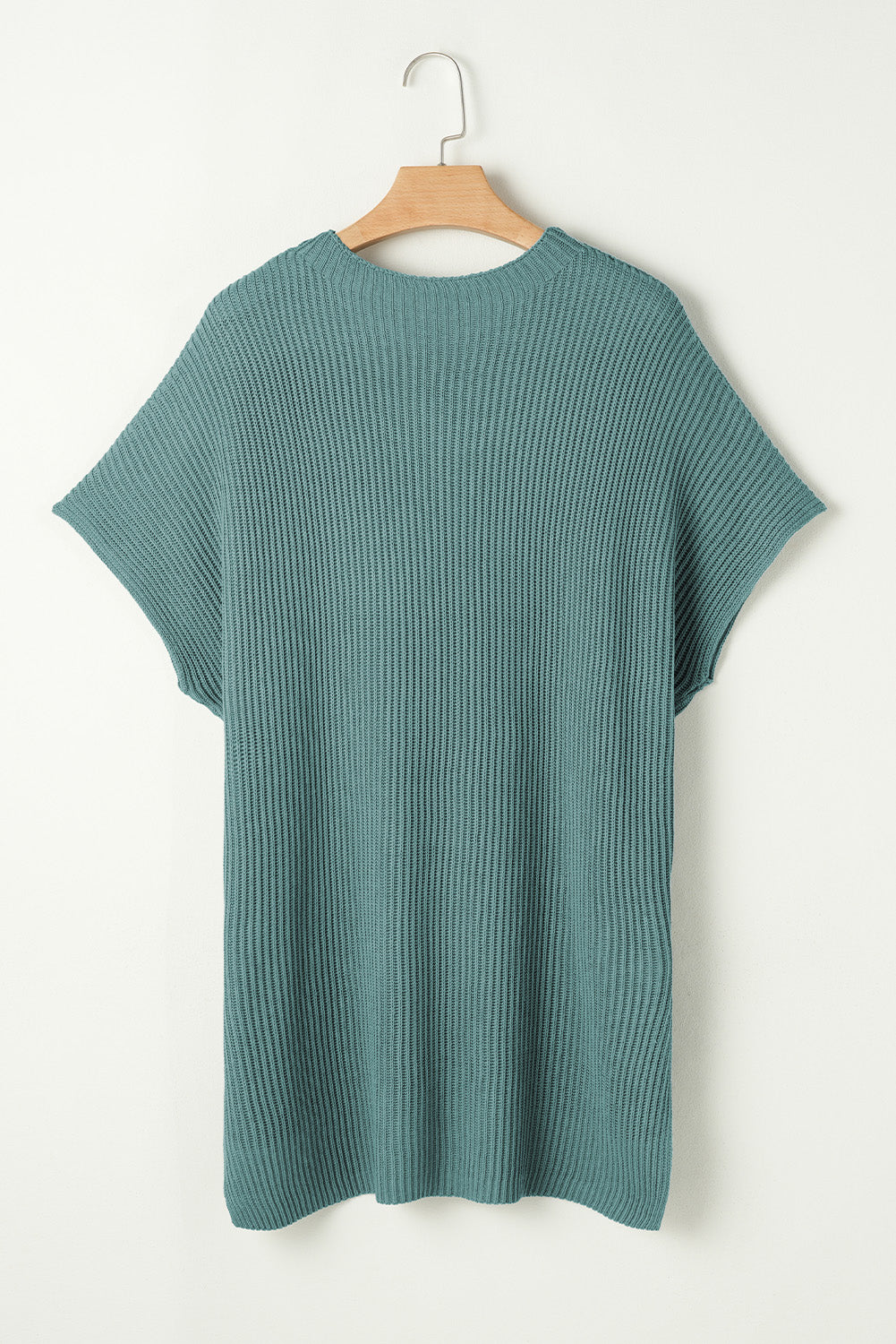 Rose Red Side Slit Short Sleeve Oversized Sweater - Cowaa