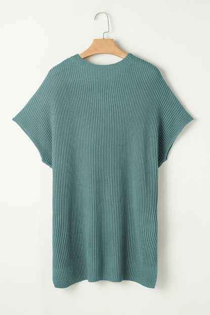 Rose Red Side Slit Short Sleeve Oversized Sweater - Cowaa