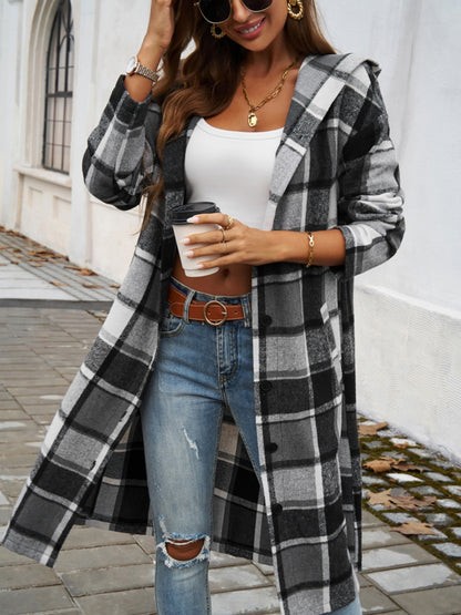Devine Plaid Long Sleeve Hooded Coat - Cowaa