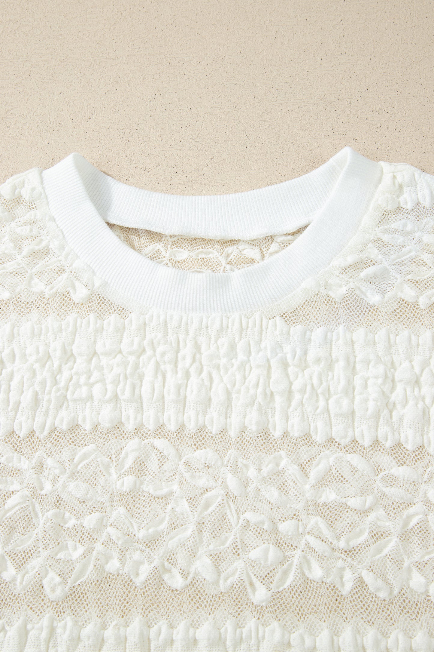 White Sheer Lace Textured Patchwork Short Sleeve Top
