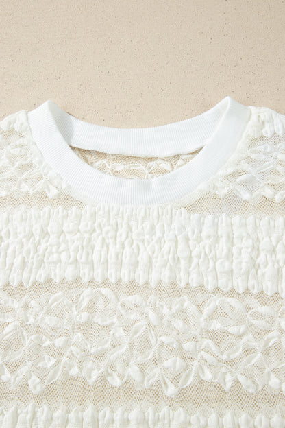 White Sheer Lace Textured Patchwork Short Sleeve Top