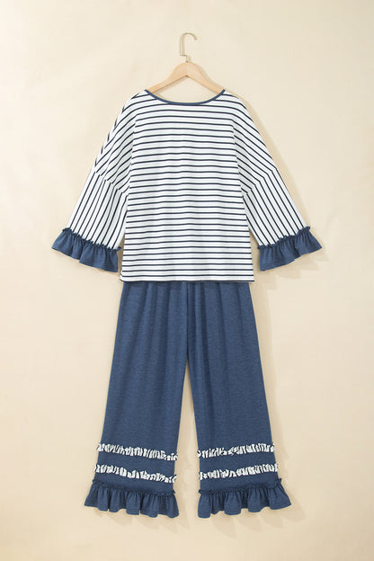 Blue Stripe V Neck Ruffle Contrast Sleeve Top Drawstring Pants 2pcs Set