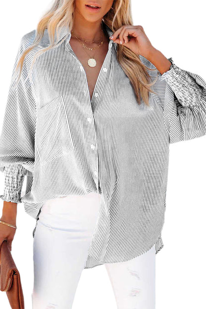 Black Striped Casual Shirred Cuffs Shirt - Cowaa