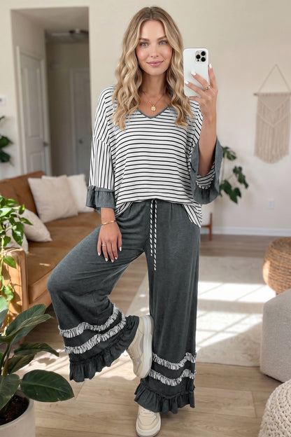 Blue Stripe V Neck Ruffle Contrast Sleeve Top Drawstring Pants 2pcs Set