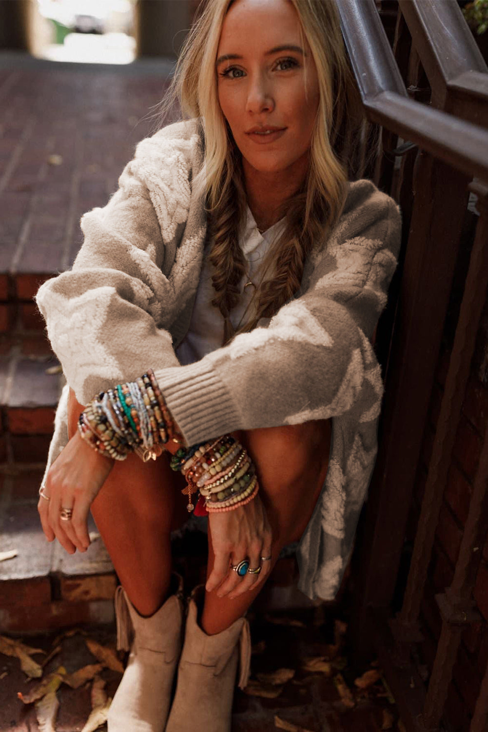 Khaki Star Pattern Pockets Button Front Cardigan - Cowaa