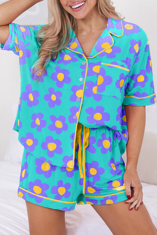 Green Flower Print Buttoned Shirt and Drawstring Waist Pajama Set - Cowaa