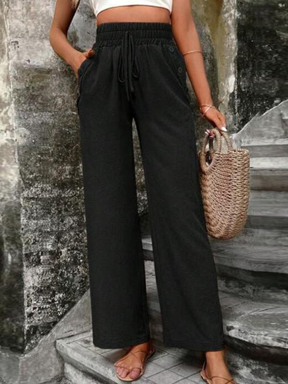 Tied High Waist Wide Leg Pants with Pockets - Cowaa