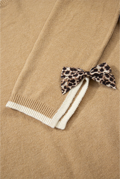Tan Leopard Bow Decor Split Cuff Contrast Trim Sweater