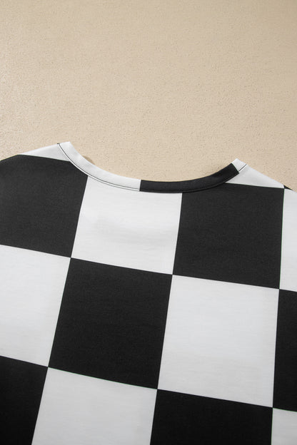 Black Checkerboard Plaid Long Sleeve Solid Color Shorts 2pcs Set