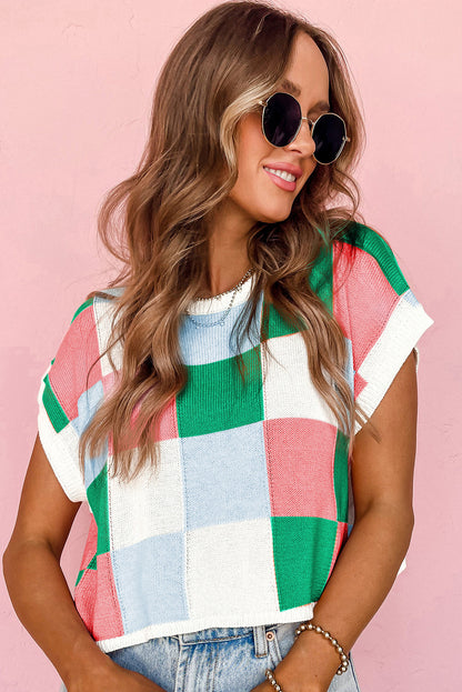 Fiery Red Checkered Color Block Cap Sleeve Knitted Top - Cowaa