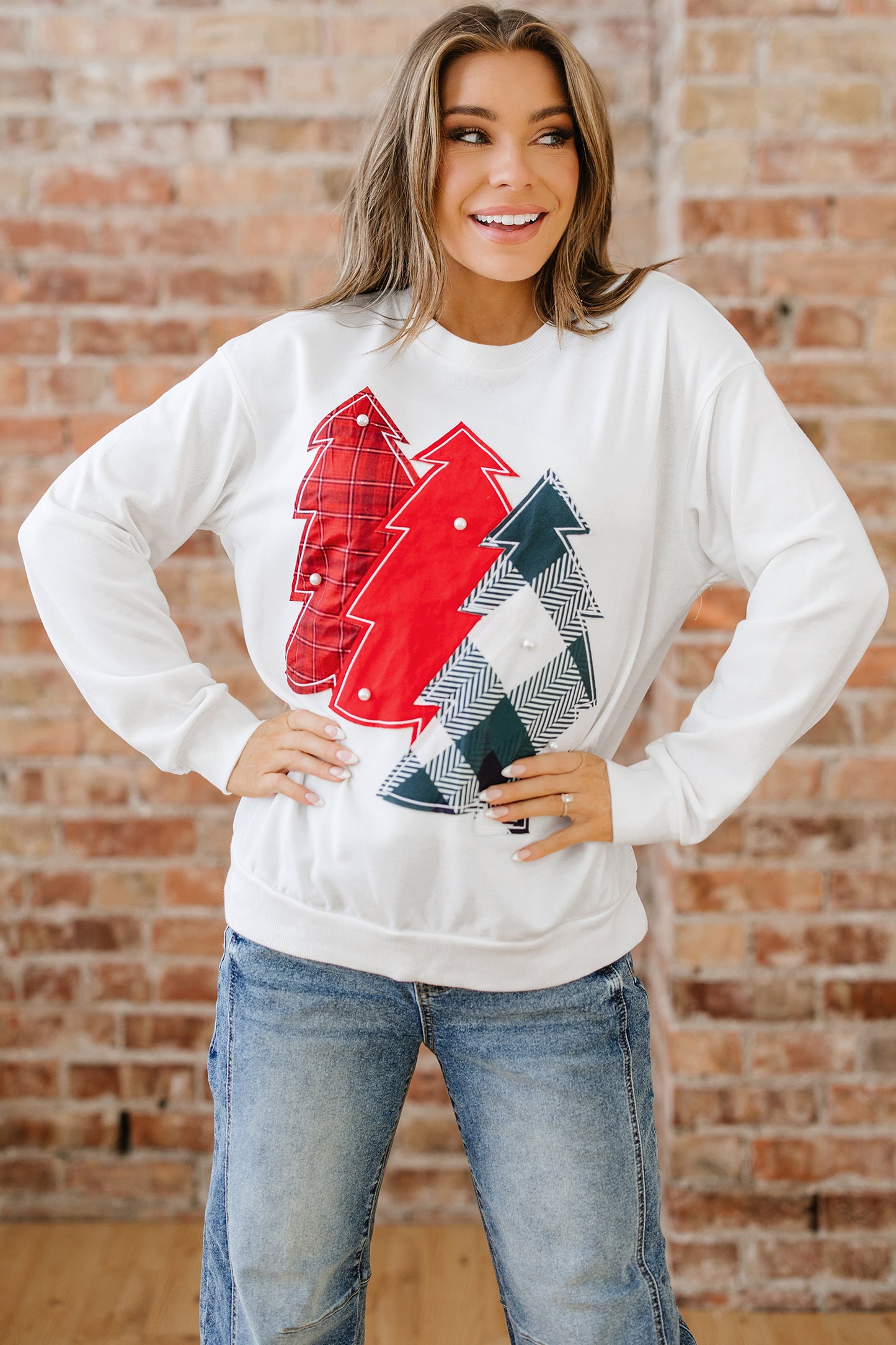 White Pearl Plaid Christmas Tree Patched Drop Shoulder Sweatshirt