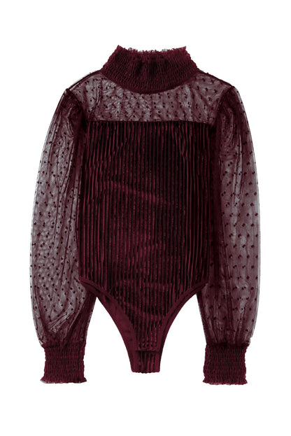 Sheer Dotty Puff Sleeve Ribbed Velvet Bodysuit - Cowaa